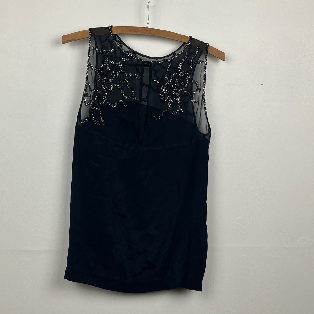 French‎ Connection Black 100% Silk Beaded Mesh Yoke Sleeveless Blouse Top Size 4